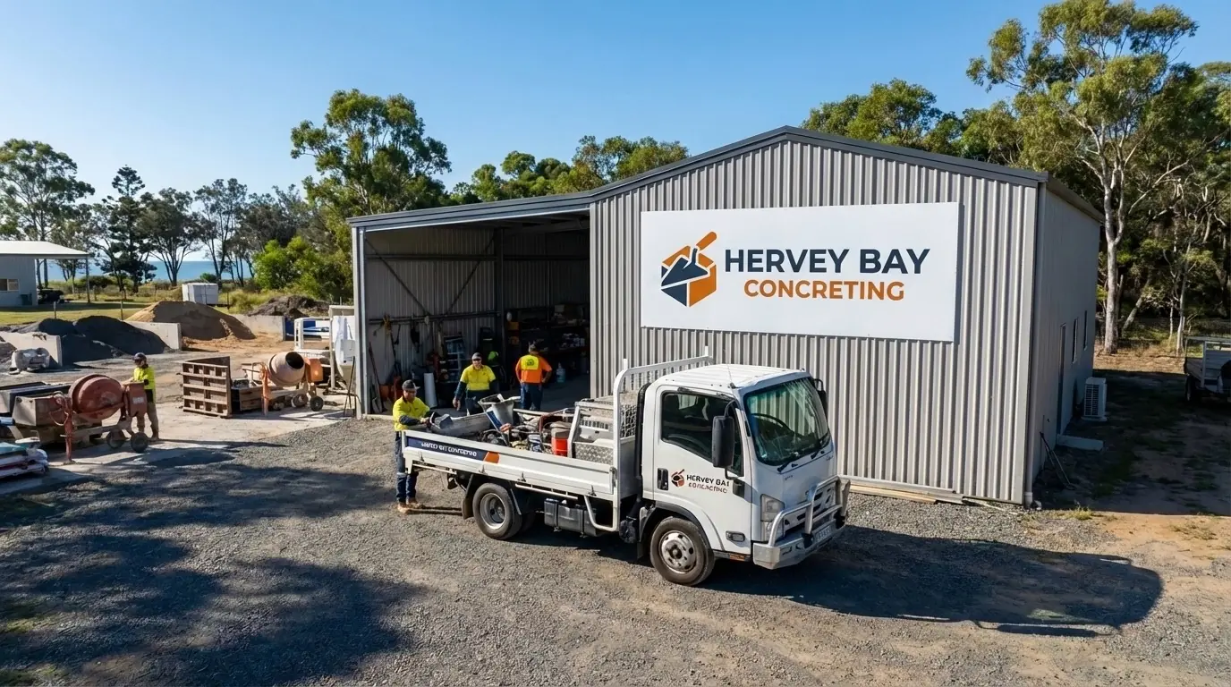The Hervey Bay Concreting crew and truck at the depot